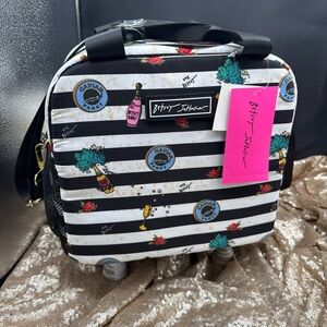 Betsey Johnson Black and White Striped Graphic insulated lunch Bag